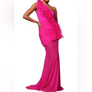 Fashion Nova Hot Pink One-Shoulder Feather-Trim Maxi Dress